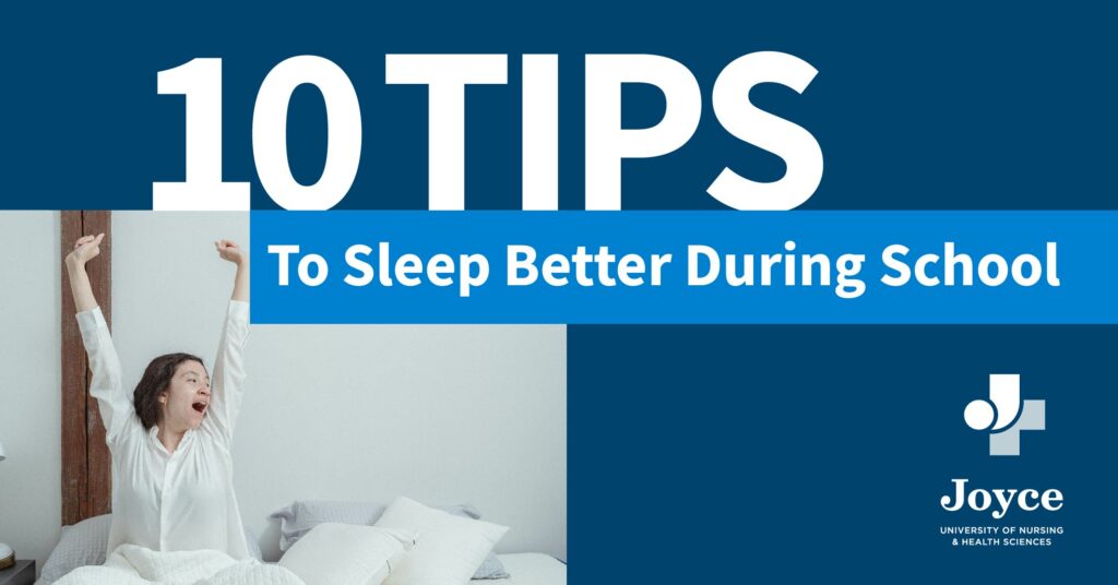 person stretching in bed with text overlay 10 tips to sleep better during school