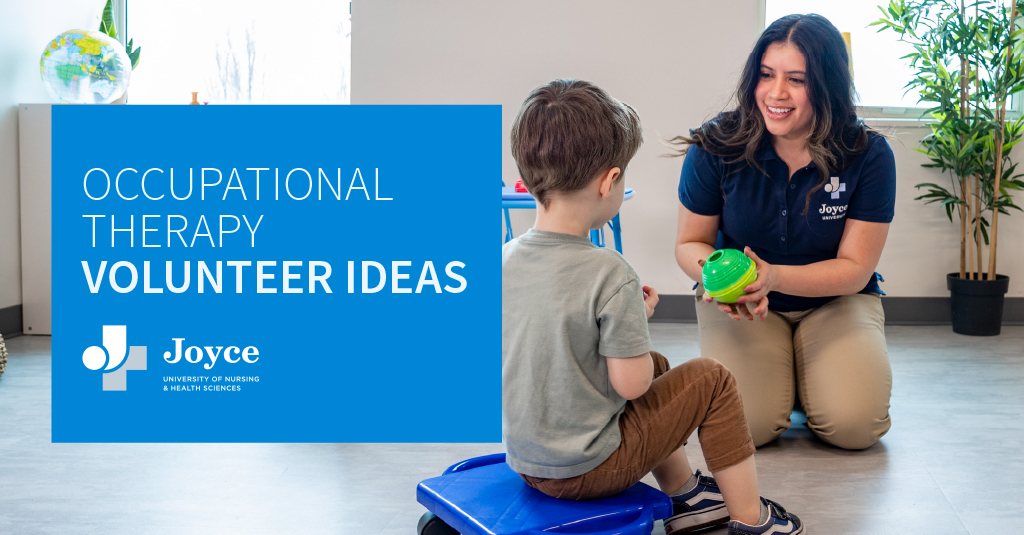 Female occupational therapist in a navy polo and khakis kneels on the floor with a brown-haired child and offers him a green ball. Text overlay says occupational therapy volunteer ideas.